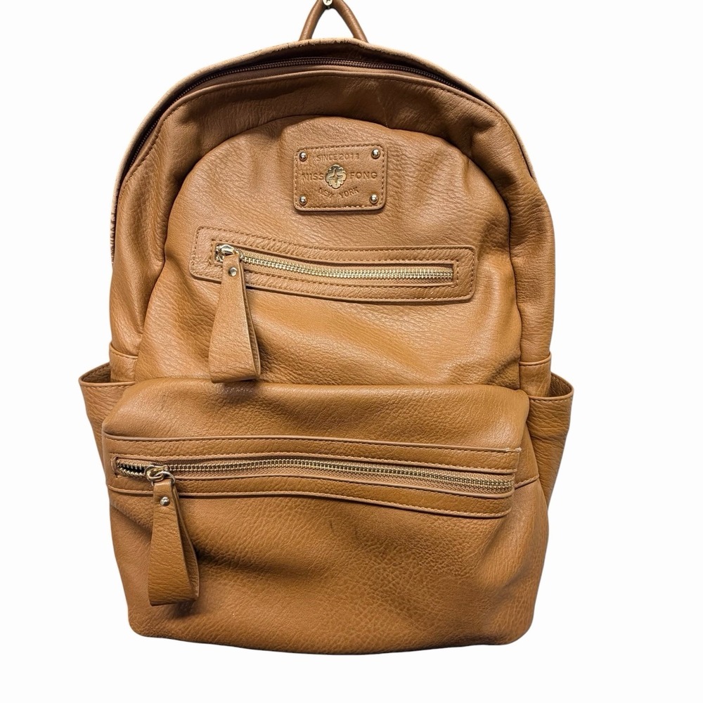 Miss Fong Brown Faux Leather Backpack Diaper Bag Multi Pocket Striped Lining